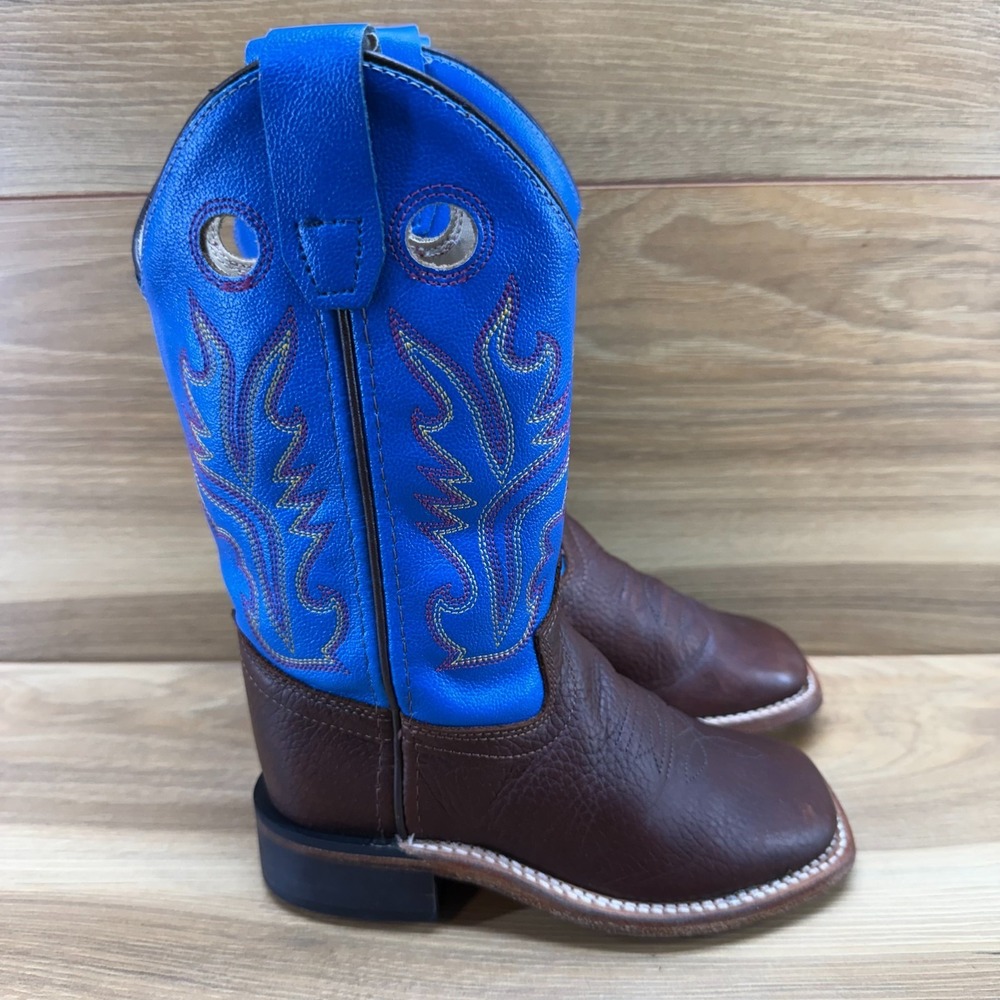 Old West Boys Western Boots 10 D Brown Blue Leather Square Toe